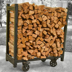 Kiln-dried oak firewood stacked on portable wheeled rack — Johnson County Firewood